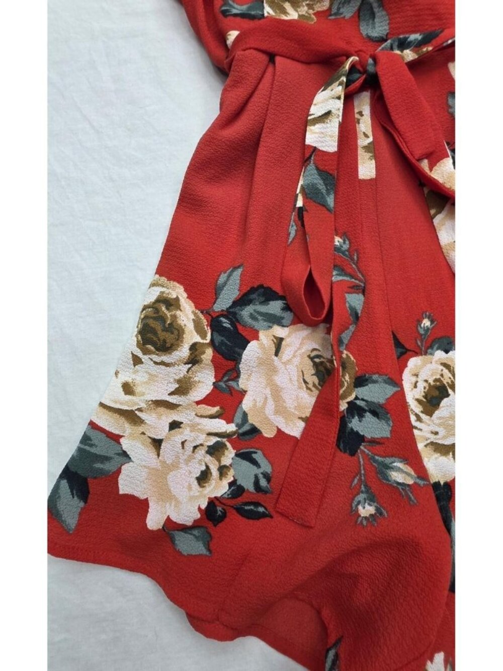Red Floral Tie Waist Romper